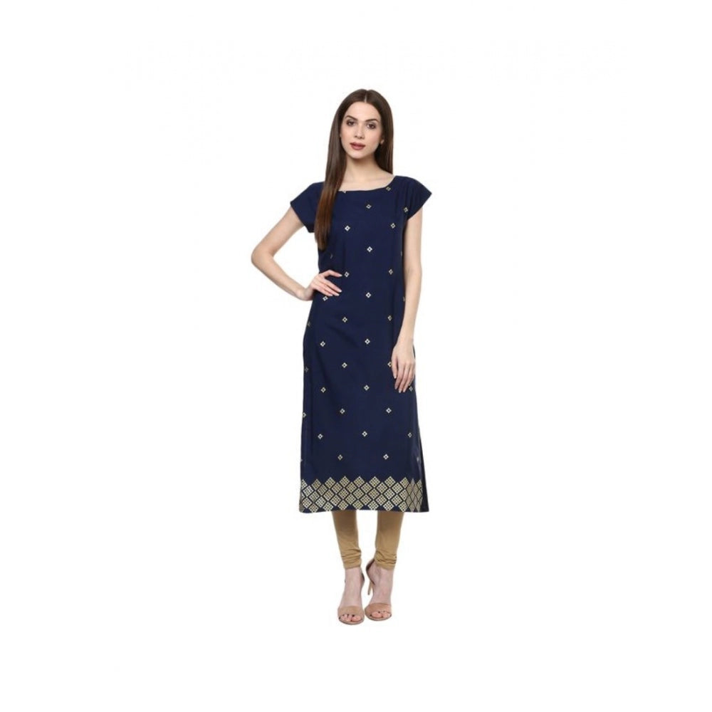 Generic Women's Casual Short Sleeves Floral Printed Crepe Kurti (Blue) - Noble Nook