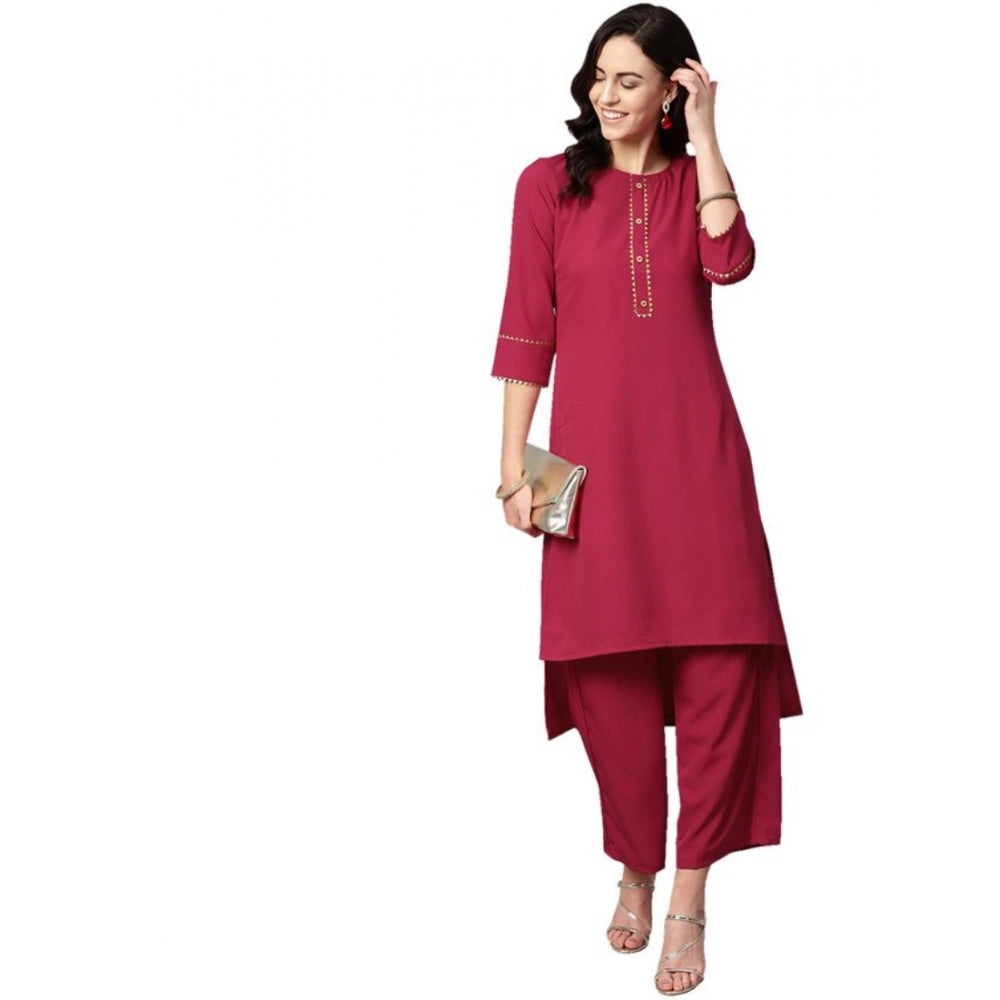 Generic Women's Casual 3-4Th Sleeve Solid Crepe Kurti And Palazzo Set (Pink) - Noble Nook