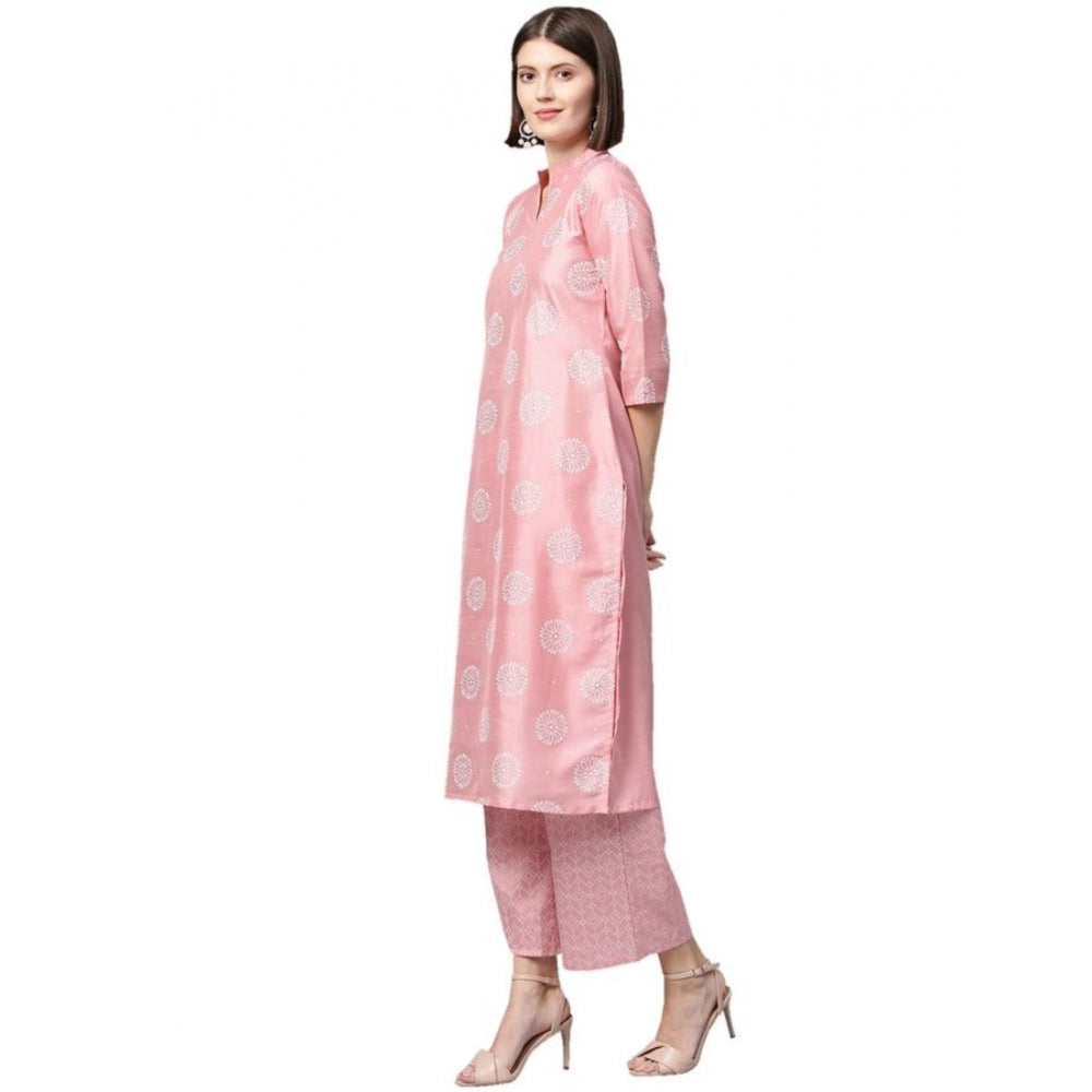 Generic Women's Casual 3-4Th Sleeve Floral Printed Poly Silk Kurti And Palazzo Set (Pink) - Noble Nook