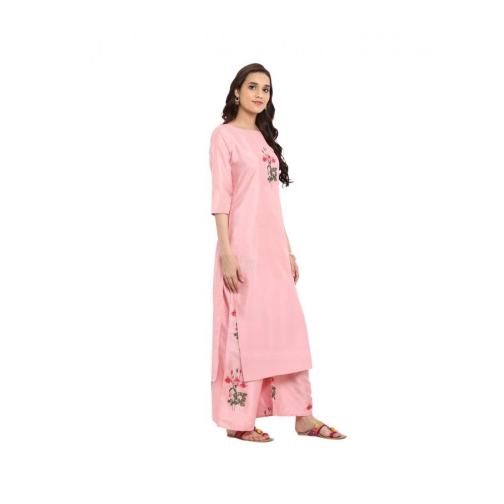 Generic Women's Casual 3-4Th Sleeve Floral Printed Poly Silk Kurti and Palazzo Set (Pink) - Noble Nook