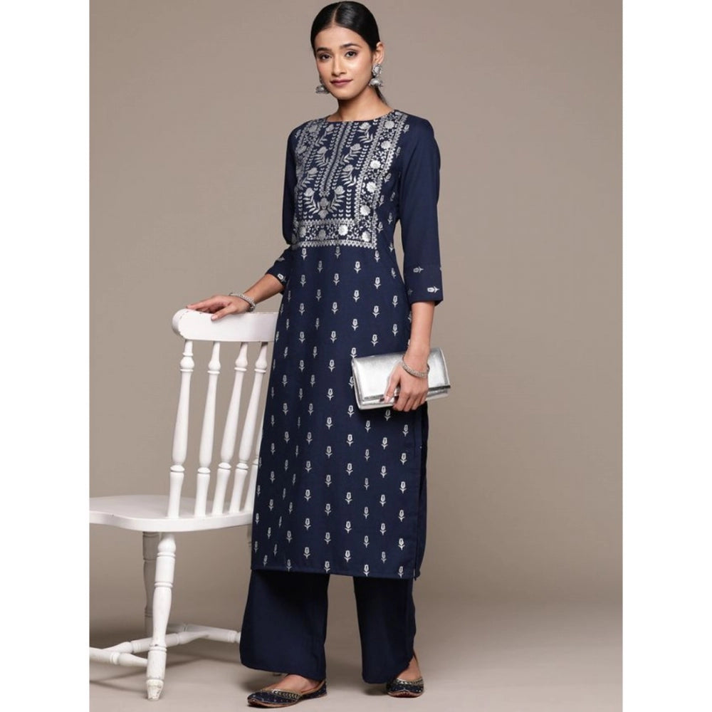 Generic Women's Casual 3-4Th Sleeve Floral Printed Rayon Kurti and Palazzo Set (Navy Blue) - Noble Nook