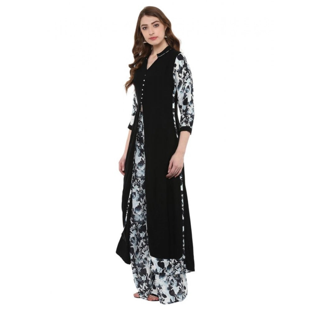 Generic Women's Casual 3-4Th Sleeve Floral Printed Rayon Kurti and Palazzo Set (Black) - Noble Nook