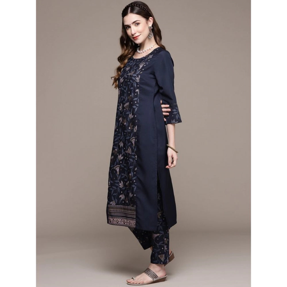 Generic Women's Casual 3-4Th Sleeve Floral Printed Crepe Kurti and Pant Set (Navy Blue) - Noble Nook