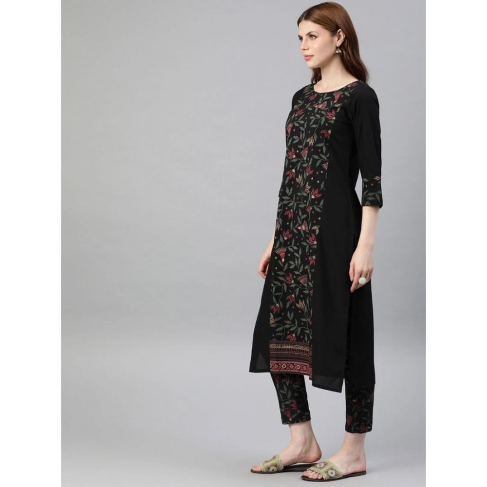 Generic Women's Casual 3-4Th Sleeve Floral Printed Crepe Kurti and Pant Set (Black) - Noble Nook