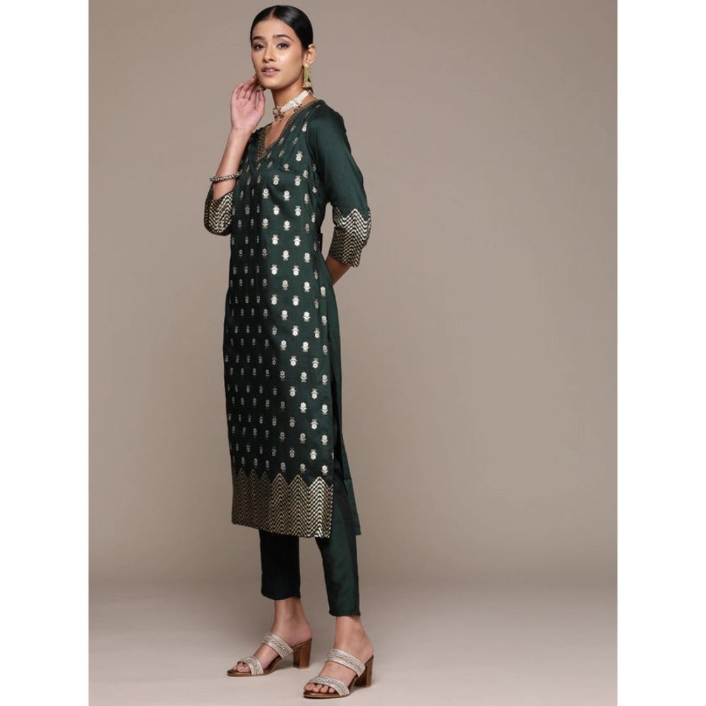 Generic Women's Casual 3-4Th Sleeve Floral Printed Chinon Kurti And Pant Set (Bottle Green) - Noble Nook