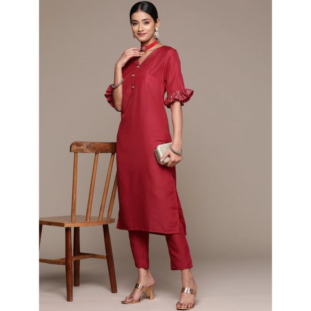 Generic Women's Casual Half Sleeve Solid Chinon Kurti and Pant Set (Maroon) - Noble Nook