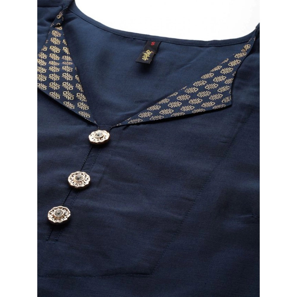 Generic Women's Casual Half Sleeve Solid Chinon Kurti and Pant Set (Navy Blue) - Noble Nook