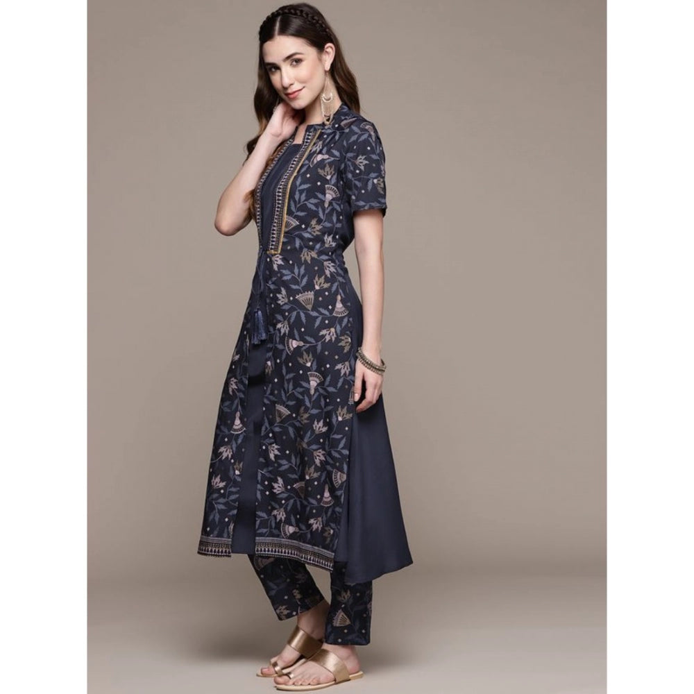 Generic Women's Casual Half Sleeve Ethnic Motifs Crepe Kurti and Pant Set (Navy Blue) - Noble Nook