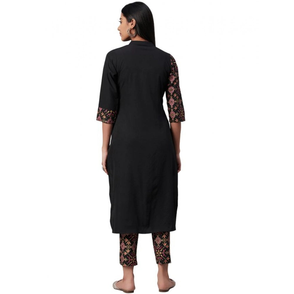 Generic Women's Casual 3-4Th Sleeve Geometric Crepe Kurti And Pant Set (Black) - Noble Nook