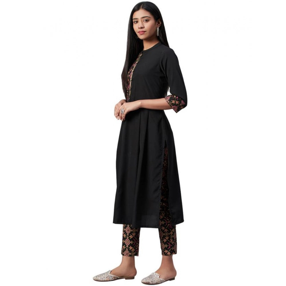 Generic Women's Casual 3-4Th Sleeve Geometric Crepe Kurti And Pant Set (Black) - Noble Nook