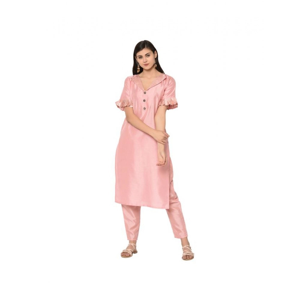 Generic Women's Casual Half Sleeve Solid Poly Silk Kurti and Pant Set (Pink) - Noble Nook