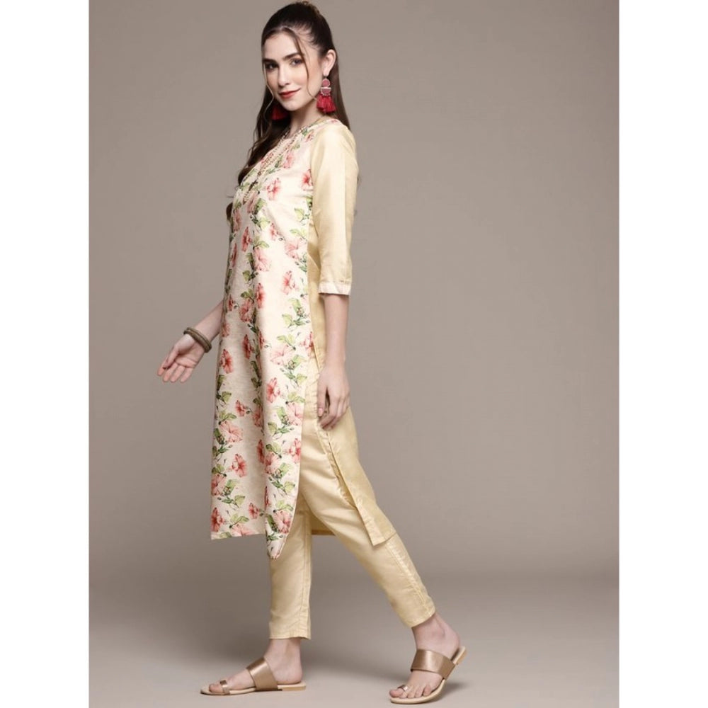 Generic Women's Casual 3-4Th Sleeve Floral Printed Poly Silk Kurti and Pant Set (Cream) - Noble Nook