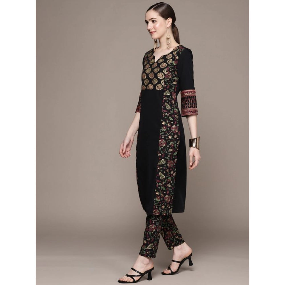 Generic Women's Casual 3-4Th Sleeve Ethnic Motifs Crepe Kurti And Pant Set (Black) - Noble Nook