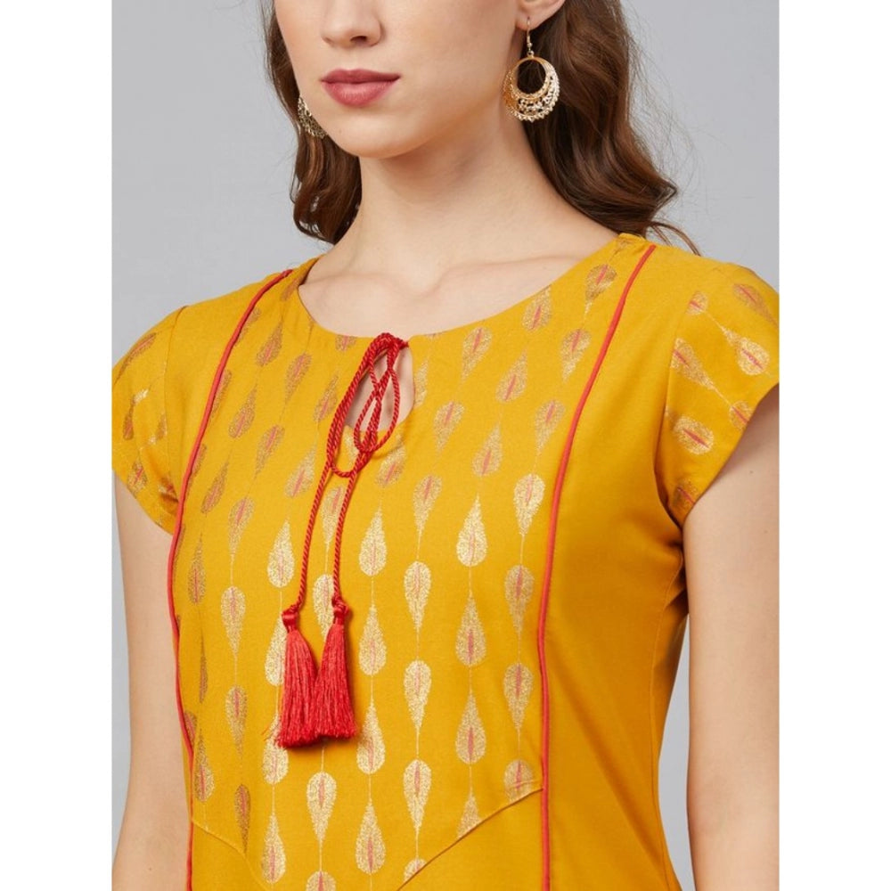 Generic Women's Casual Short Sleeves Floral Printed Rayon Kurti and Pant Set (Mustard) - Noble Nook