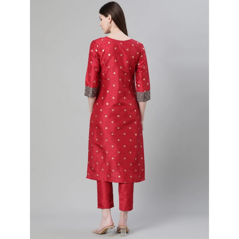 Generic Women's Casual 3-4Th Sleeve Ethnic Motifs Poly Silk Kurti And Pant Set (Red) - Noble Nook