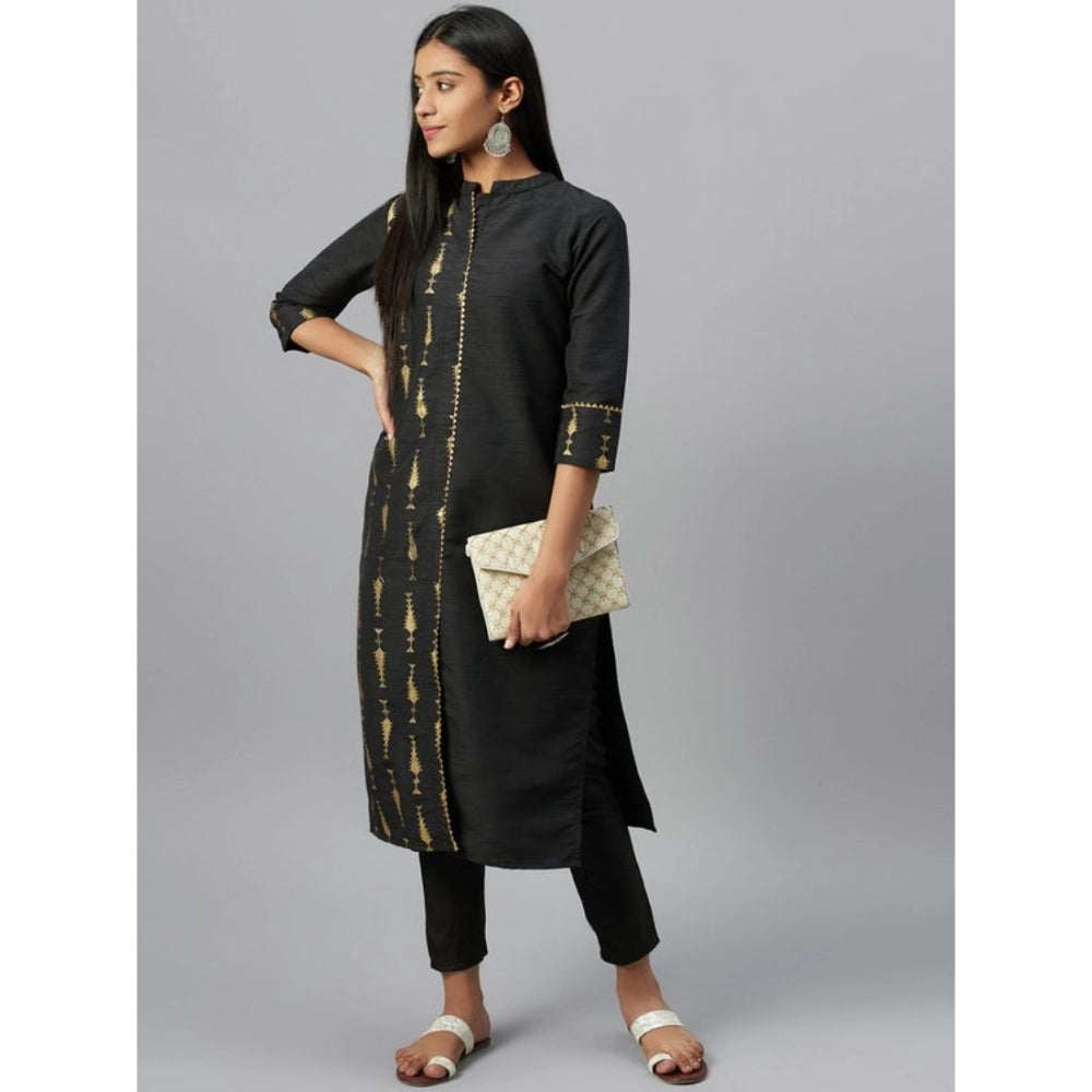 Generic Women's Casual 3-4Th Sleeve Ethnic Motifs Poly Silk Kurti and Pant Set (Black) - Noble Nook