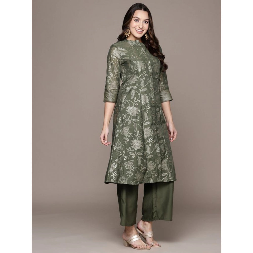 Generic Women's Casual 3-4Th Sleeve Floral Printed Chanderi Cotton Kurti Palazzo And Dupatta Set (Green) - Noble Nook