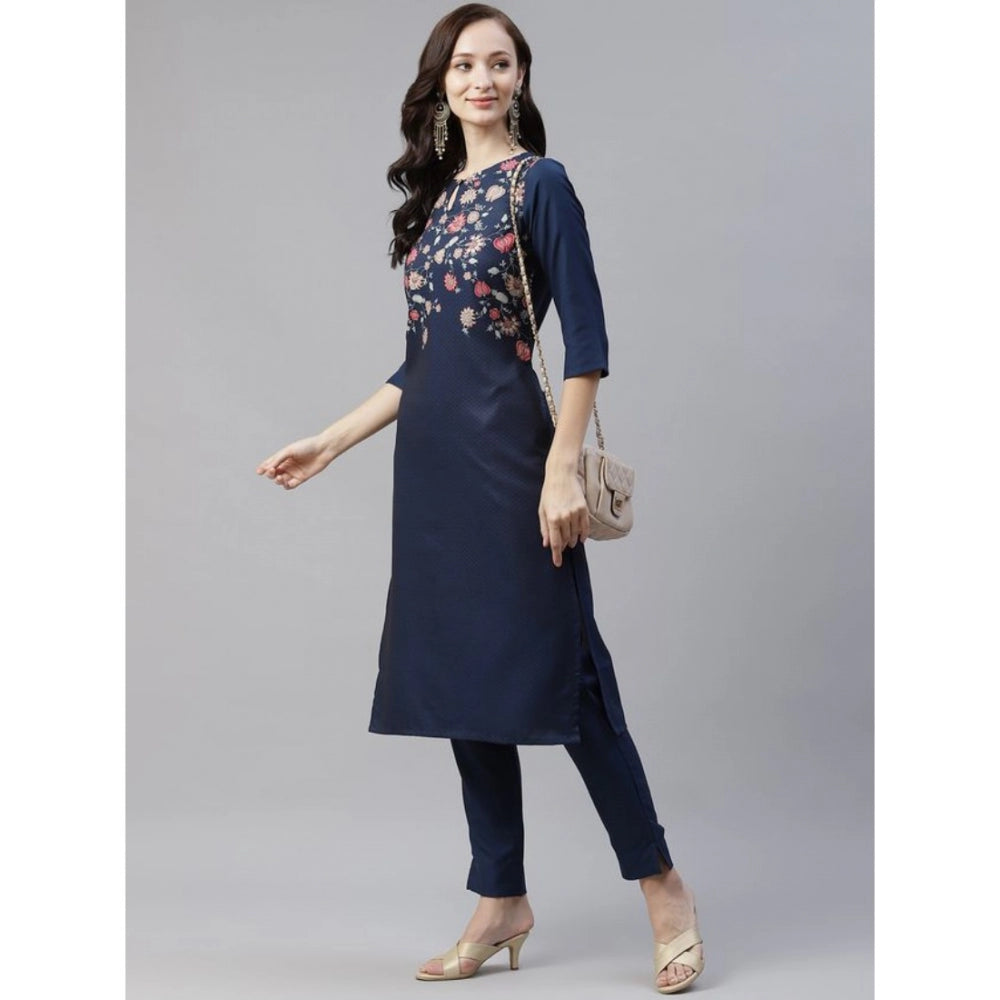 Generic Women's Casual 3-4Th Sleeve Floral Printed Rayon Kurti And Pant Set (Navy Blue) - Noble Nook