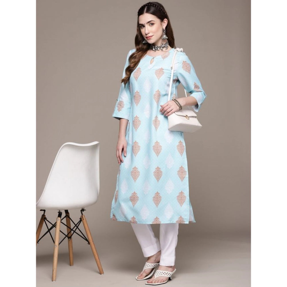 Generic Women's Casual 3-4Th Sleeve Ethnic Motifs Rayon Kurti And Pant Set (Sky Blue) - Noble Nook