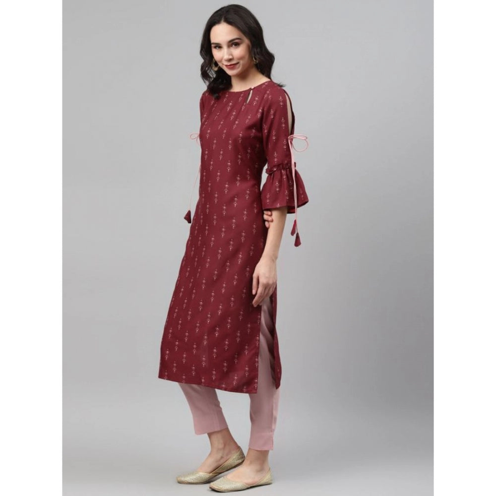 Generic Women's Casual 3-4Th Sleeve Ethnic Motifs Rayon Kurti And Pant Set (Maroon) - Noble Nook