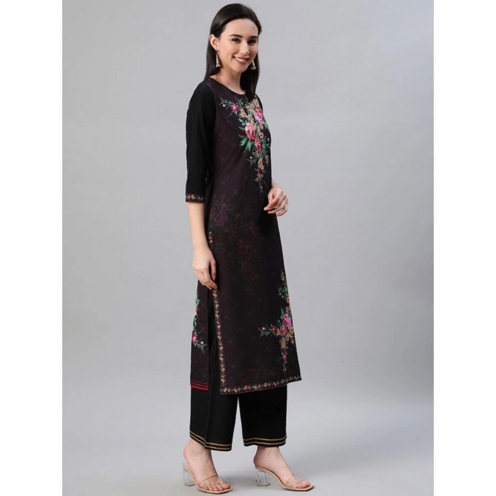 Generic Women's Casual 3-4Th Sleeve Floral Printed Crepe KurtiPalazzo And Dupatta Set (Black) - Noble Nook