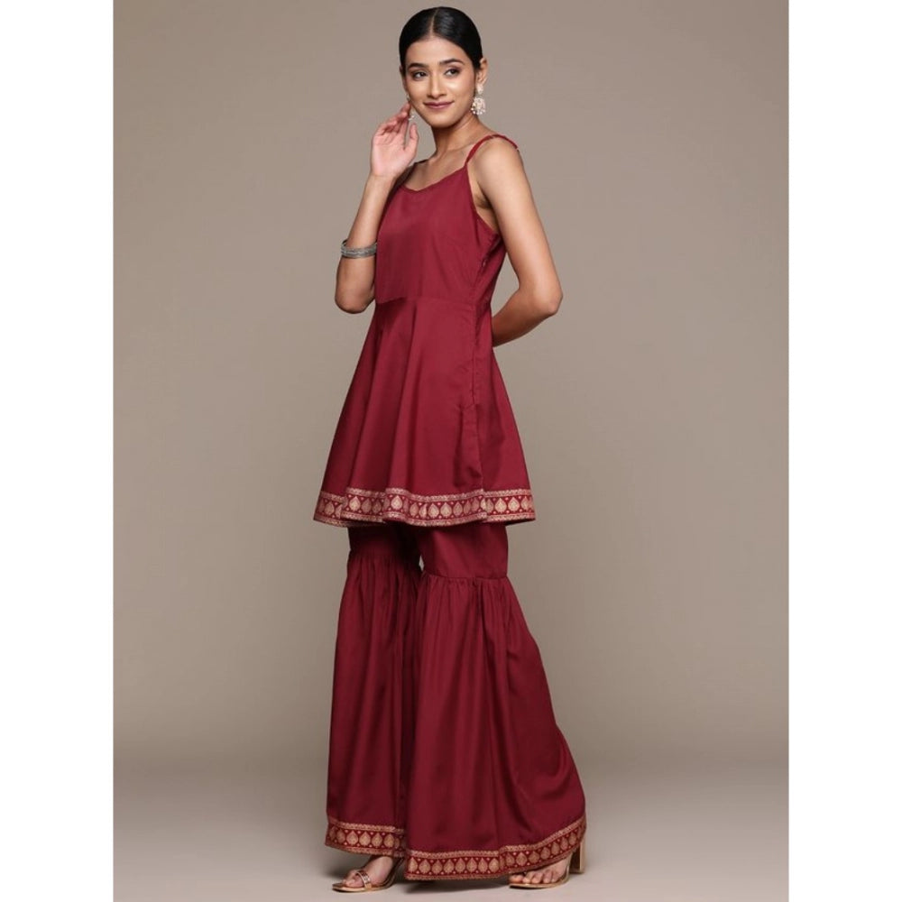 Generic Women's Casual Sleeveless Ethnic Motifs Crepe Kurti Sharara And Dupatta Set (Maroon) - Noble Nook