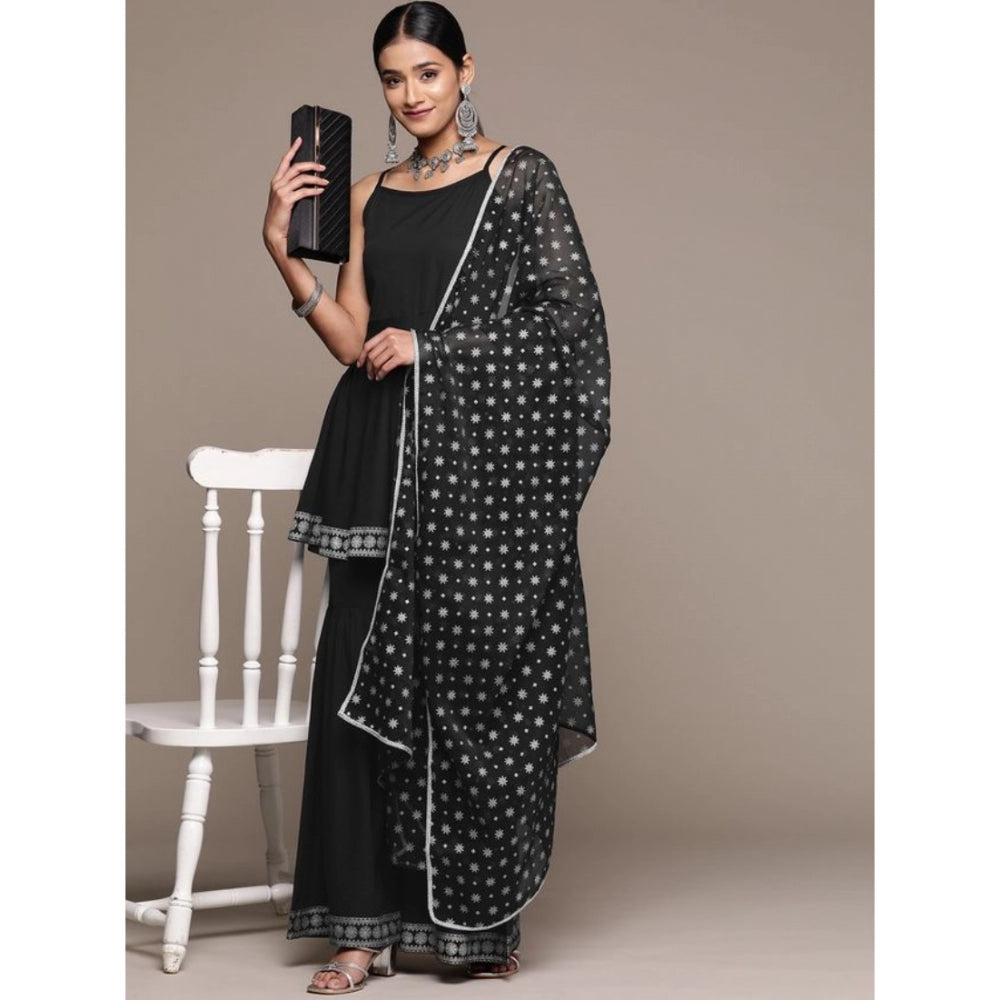 Generic Women's Casual Sleeveless Ethnic Motifs Crepe Kurti Sharara And Dupatta Set (Black) - Noble Nook