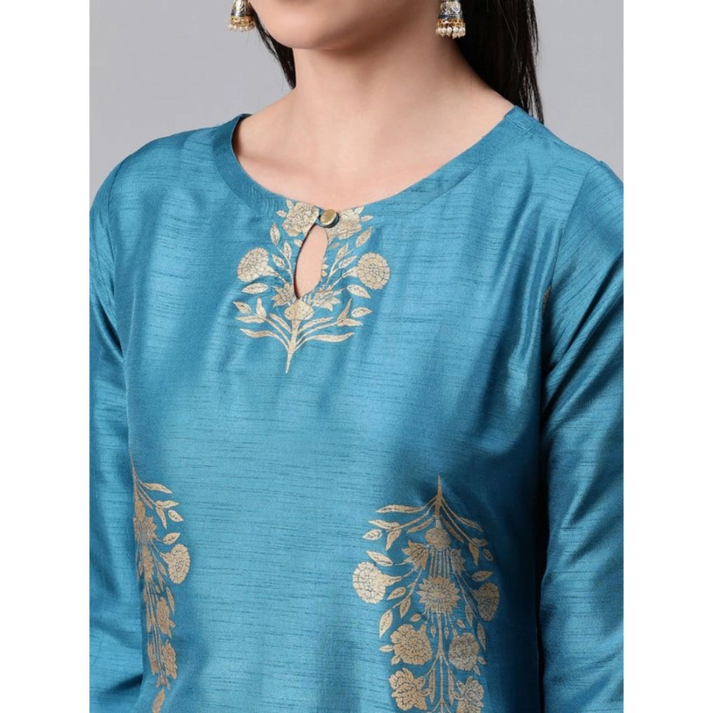 Generic Women's Casual 3-4Th Sleeve Ethnic Motifs Poly Silk Kurti Pant And Dupatta Set (Blue) - Noble Nook