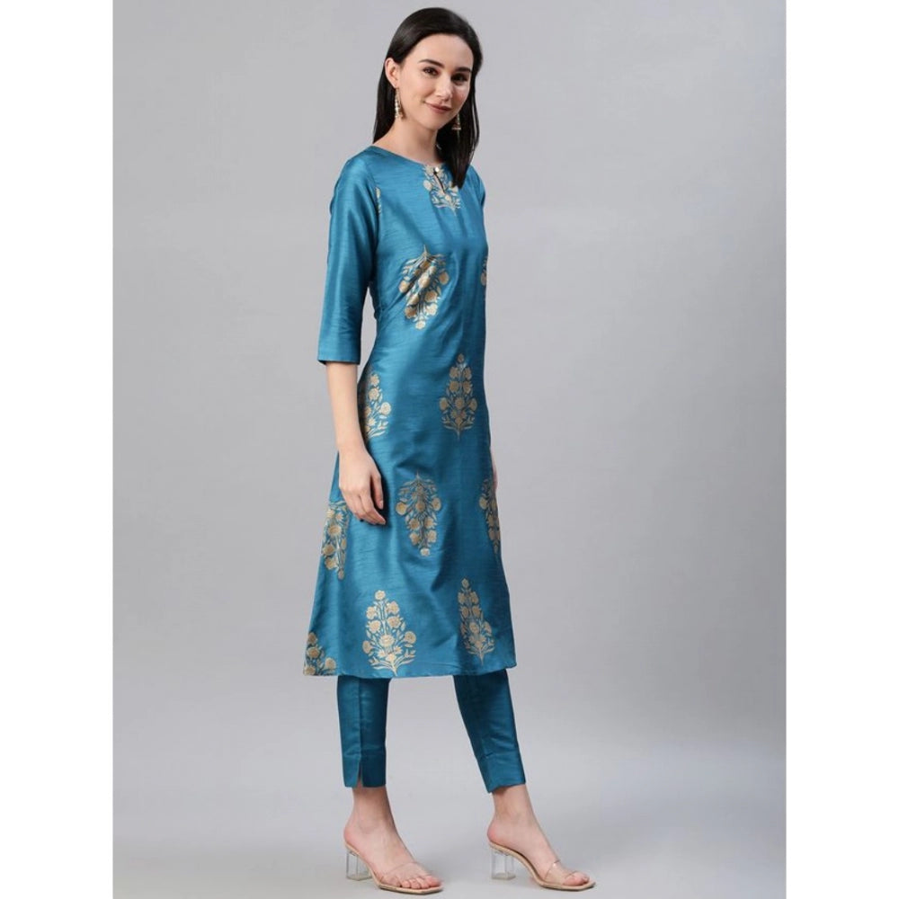 Generic Women's Casual 3-4Th Sleeve Ethnic Motifs Poly Silk Kurti Pant And Dupatta Set (Blue) - Noble Nook