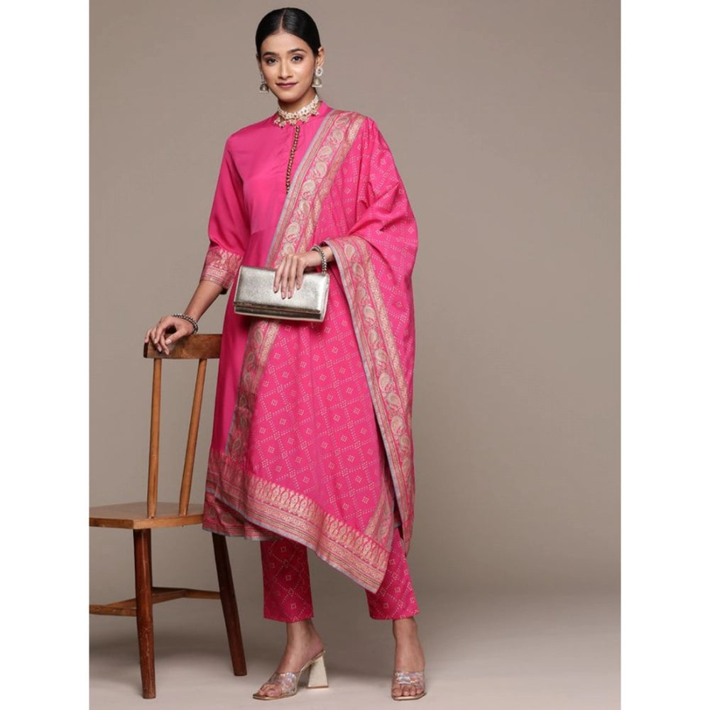 Generic Women's Casual 3-4Th Sleeve Ethnic Motifs Crepe Kurti Pant And Dupatta Set (Pink) - Noble Nook