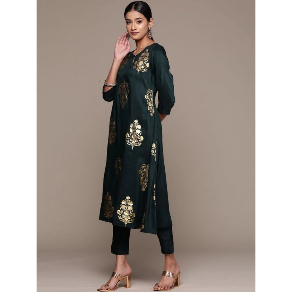 Generic Women's Casual 3-4Th Sleeve Ethnic Motifs Chinon Kurti Pant And Dupatta Set (Bottle Green) - Noble Nook