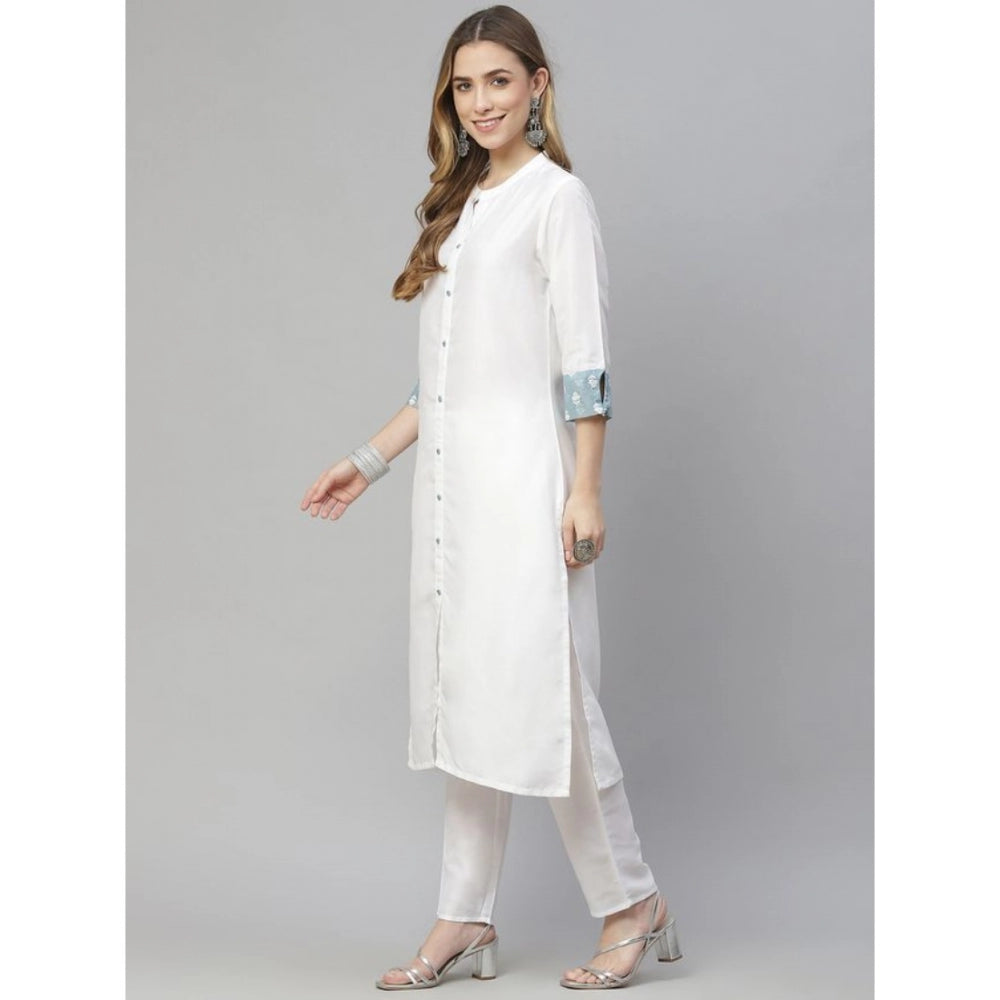 Generic Women's Casual 3-4Th Sleeve Solid Chinon Kurti Pant And Dupatta Set (White) - Noble Nook