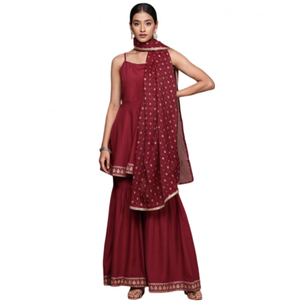 Generic Women's Casual Sleeveless Ethnic Motifs Crepe Kurti Sharara And Dupatta Set (Maroon) - Noble Nook