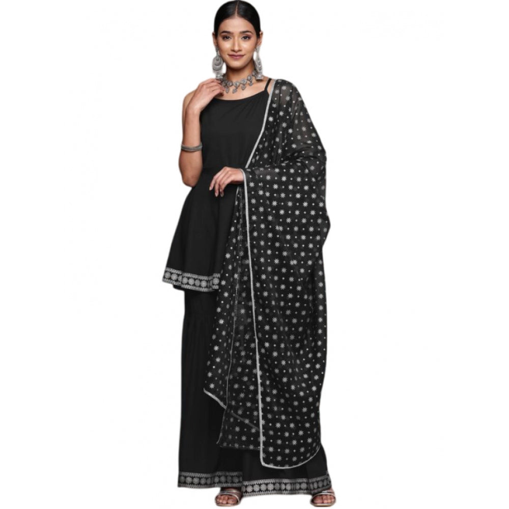 Generic Women's Casual Sleeveless Ethnic Motifs Crepe Kurti Sharara And Dupatta Set (Black) - Noble Nook