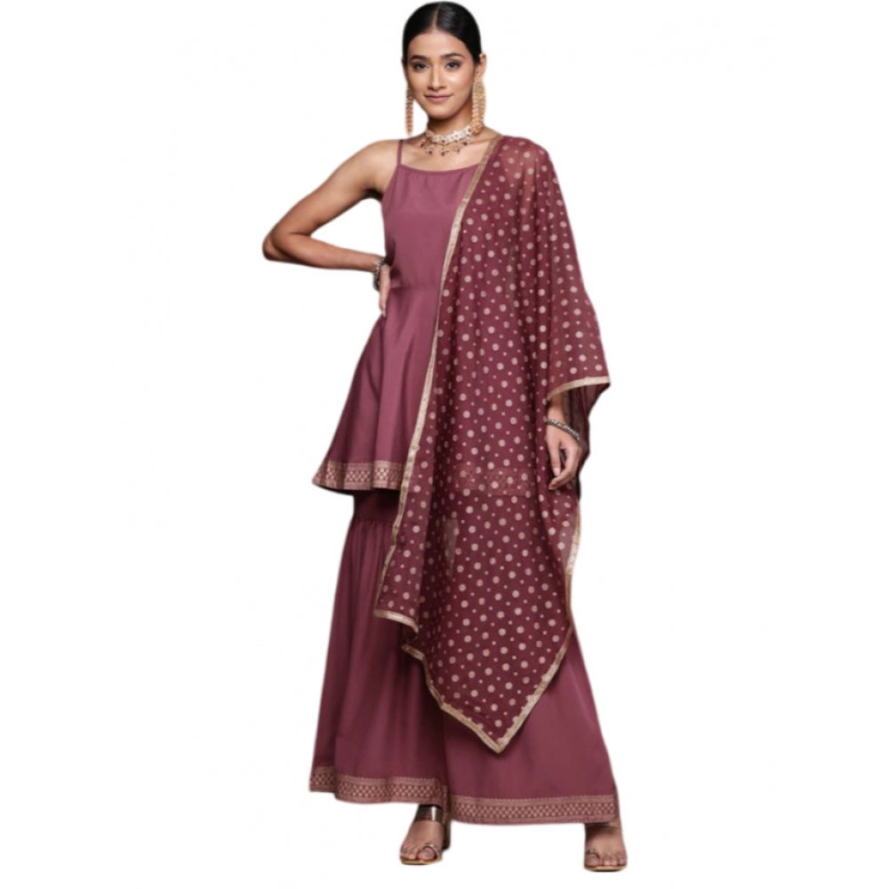 Generic Women's Casual Sleeveless Ethnic Motifs Crepe Kurti Sharara And Dupatta Set (Brown) - Noble Nook