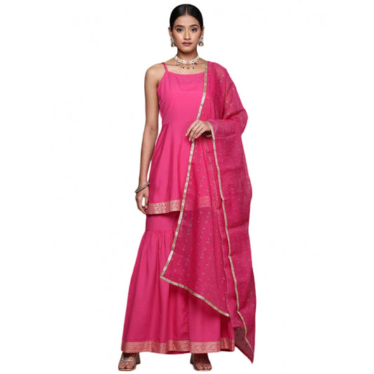 Generic Women's Casual Sleeveless Ethnic Motifs Crepe Kurti Sharara And Dupatta Set (Pink) - Noble Nook