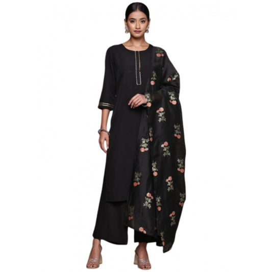 Generic Women's Casual 3-4Th Sleeve Ethnic Motifs Crepe Kurti Palazzo And Dupatta Set (Black) - Noble Nook