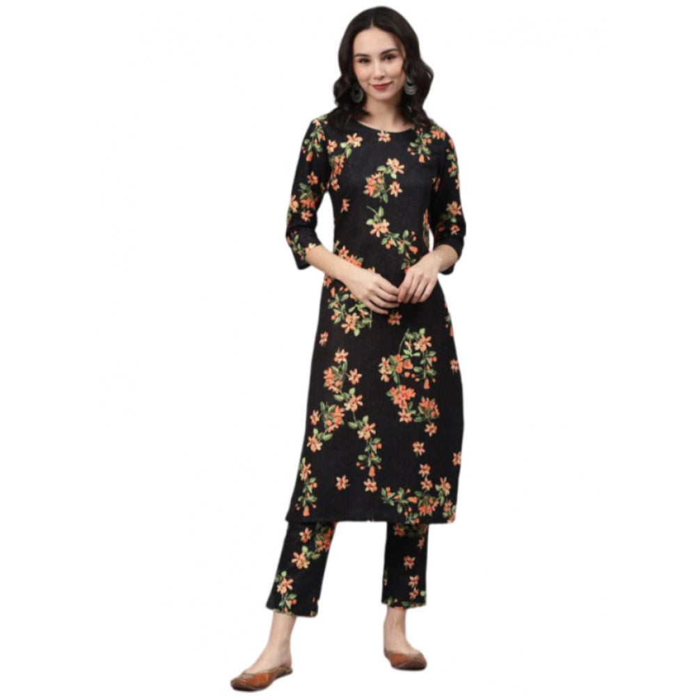 Generic Women's Casual 3-4Th Sleeve Floral Printed Rayon Kurti And Pant Set (Black) - Noble Nook