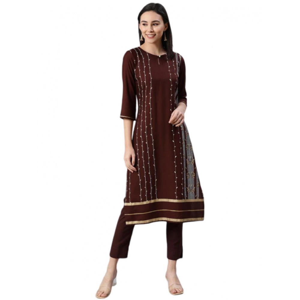 Generic Women's Casual 3-4Th Sleeve Ethnic Motifs Rayon Kurti And Pant Set (Brown) - Noble Nook