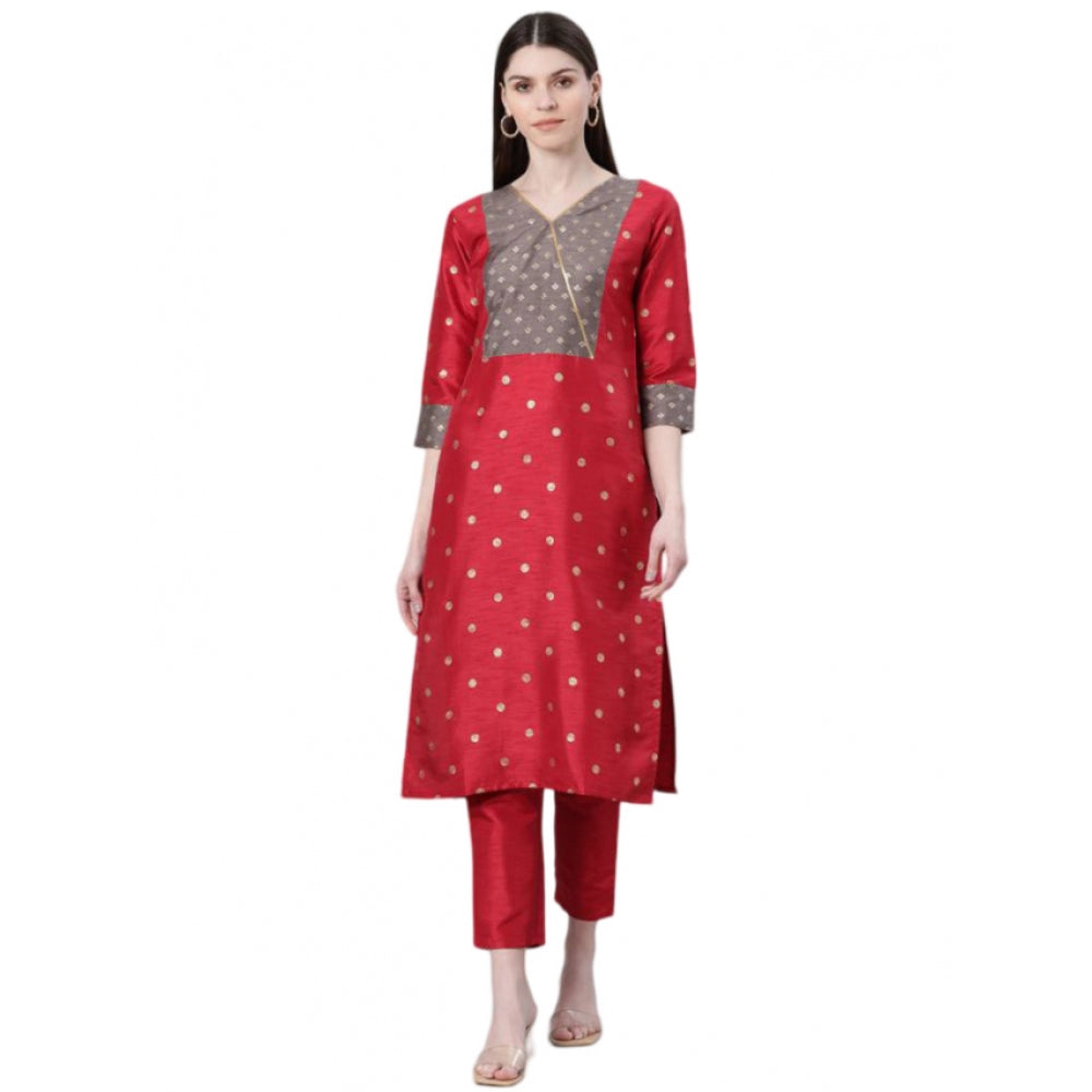 Generic Women's Casual 3-4Th Sleeve Ethnic Motifs Poly Silk Kurti And Pant Set (Red) - Noble Nook