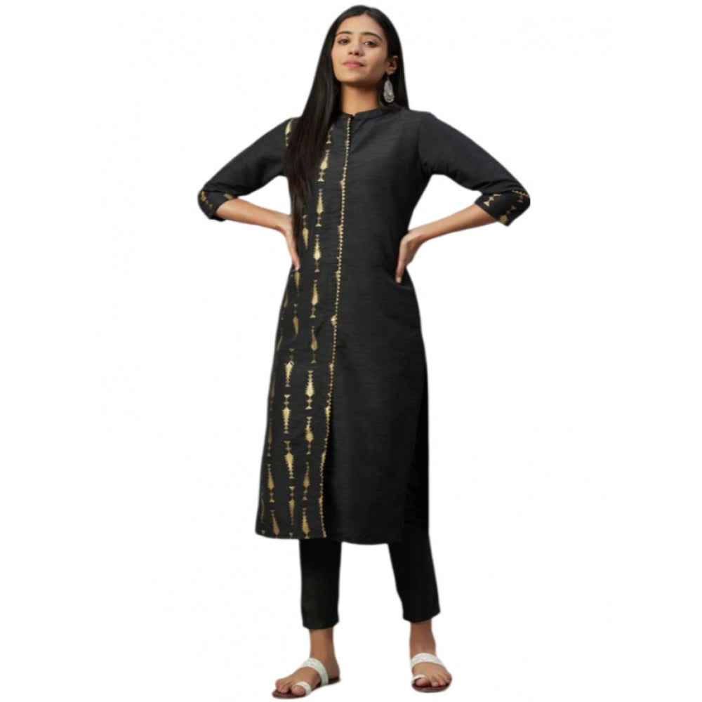 Generic Women's Casual 3-4Th Sleeve Ethnic Motifs Poly Silk Kurti and Pant Set (Black) - Noble Nook