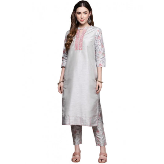 Generic Women's Casual 3-4Th Sleeve Solid Poly Silk Kurti and Pant Set (Light Grey) - Noble Nook