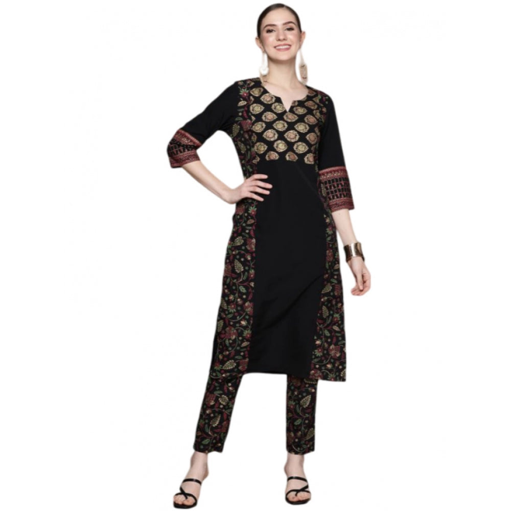 Generic Women's Casual 3-4Th Sleeve Ethnic Motifs Crepe Kurti And Pant Set (Black) - Noble Nook