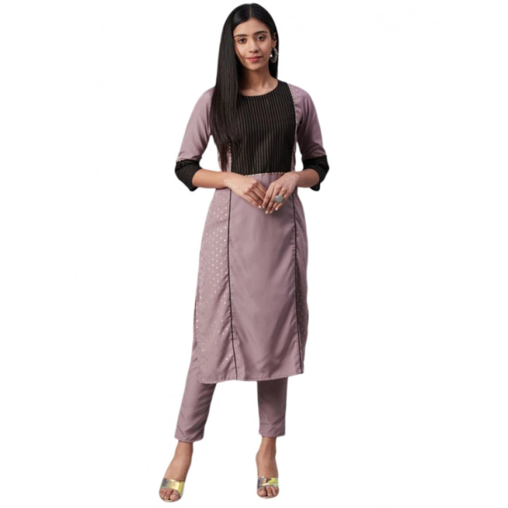 Generic Women's Casual 3-4Th Sleeve Ethnic Motifs Crepe Kurti and Pant Set (Light Purple) - Noble Nook