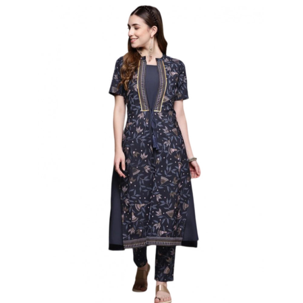 Generic Women's Casual Half Sleeve Ethnic Motifs Crepe Kurti and Pant Set (Navy Blue) - Noble Nook