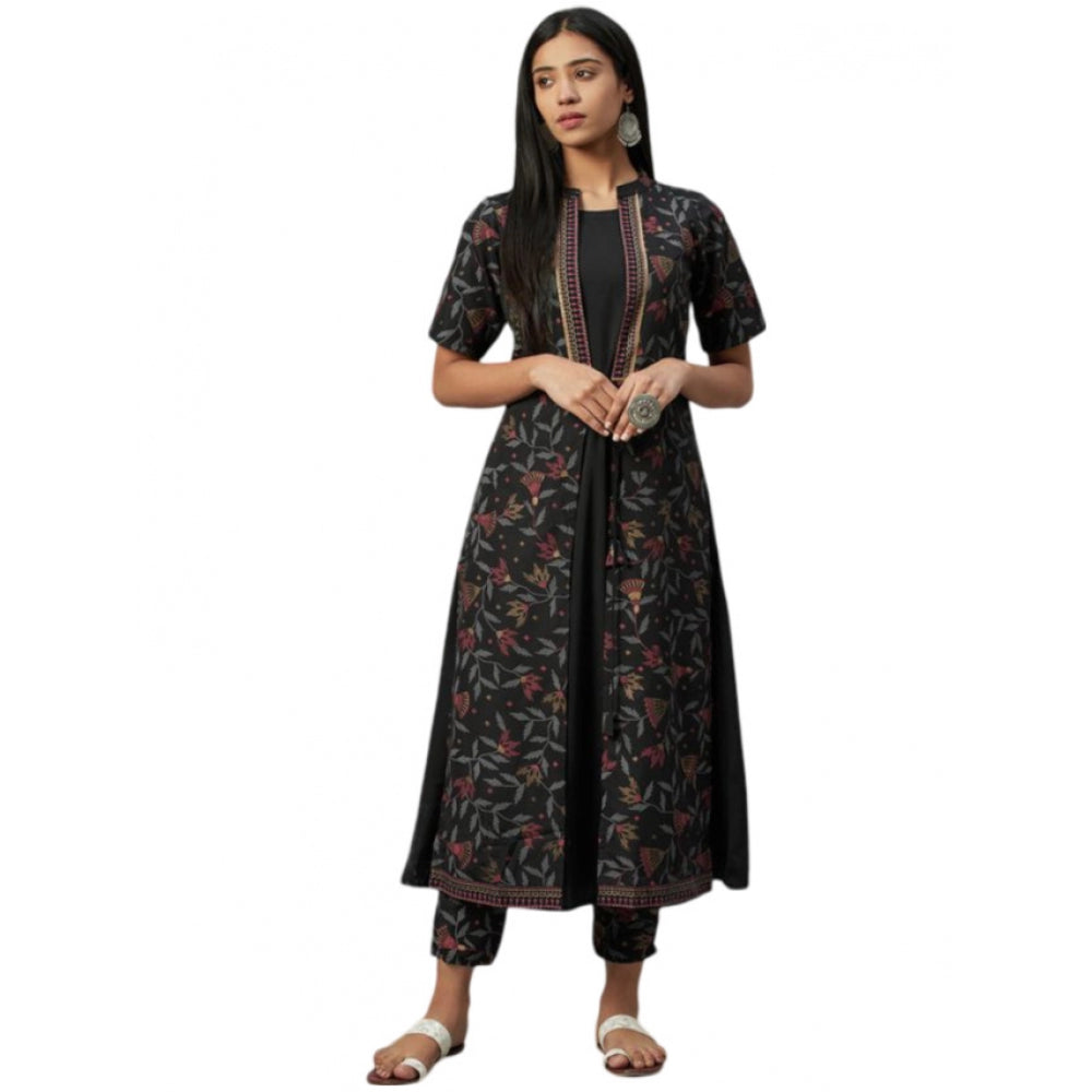 Generic Women's Casual 3-4Th Sleeve Floral Printed Crepe Kurti and Pant Set (Black) - Noble Nook