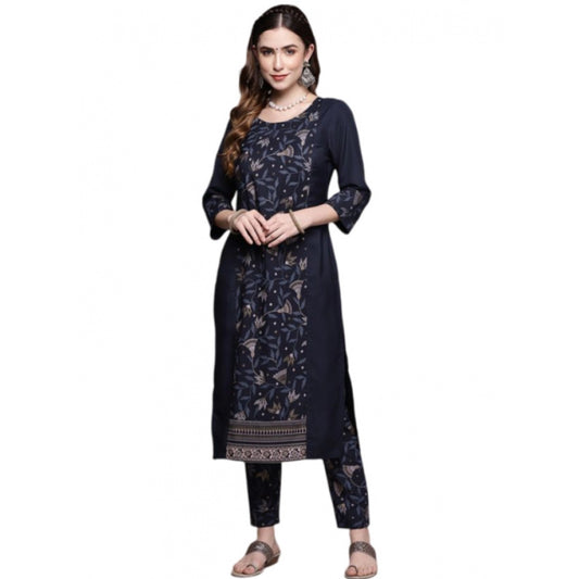 Generic Women's Casual 3-4Th Sleeve Floral Printed Crepe Kurti and Pant Set (Navy Blue) - Noble Nook