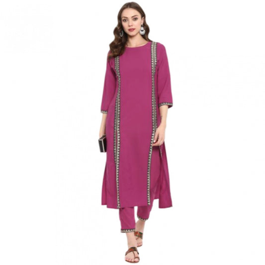 Generic Women's Casual 3-4Th Sleeve Solid Crepe Kurti And Pant Set (Pink) - Noble Nook