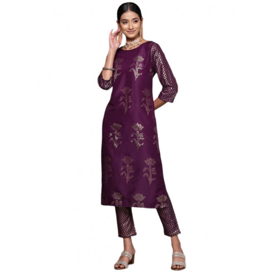 Generic Women's Casual 3-4Th Sleeve Floral Printed Chinon Kurti and Pant Set (Purple) - Noble Nook