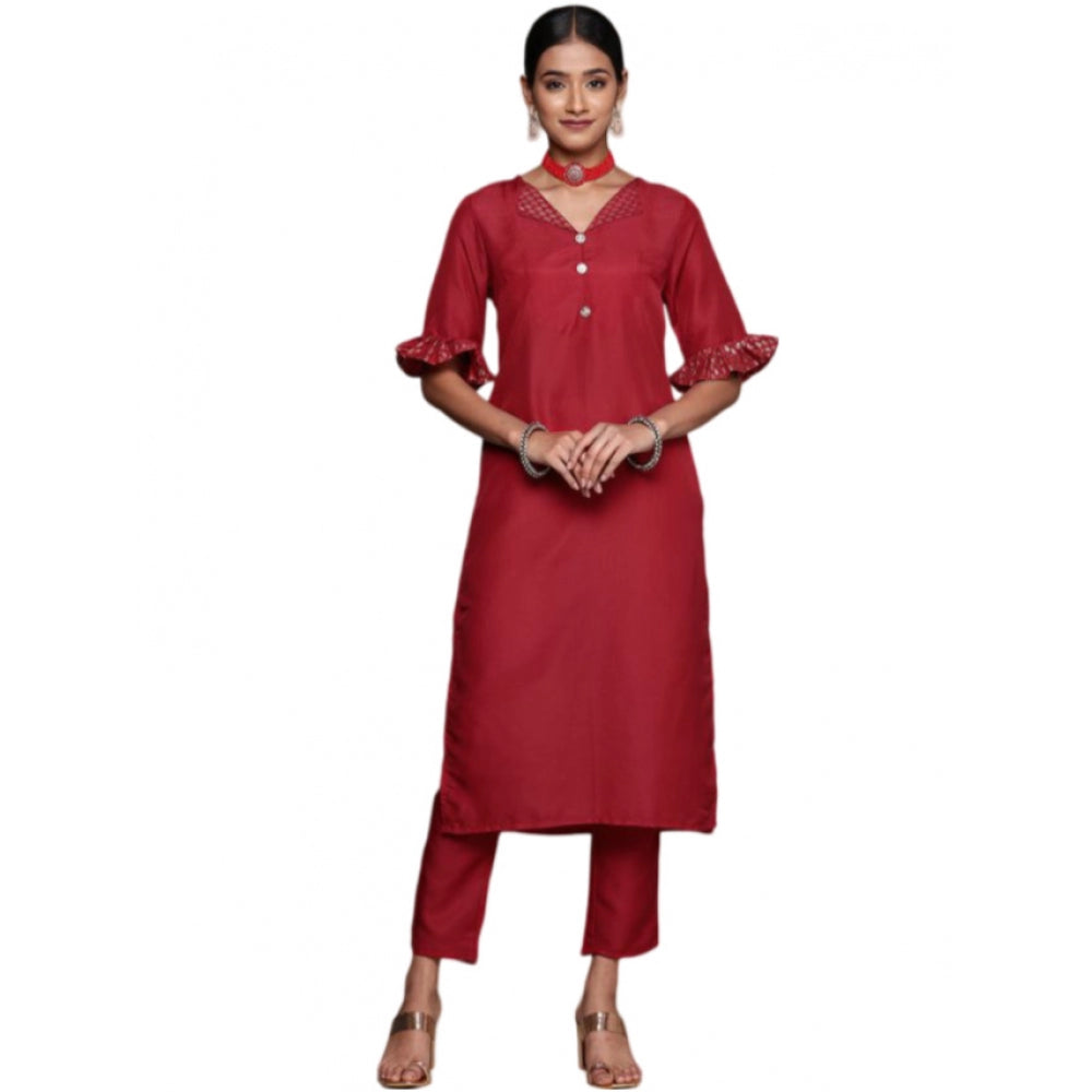 Generic Women's Casual Half Sleeve Solid Chinon Kurti and Pant Set (Maroon) - Noble Nook